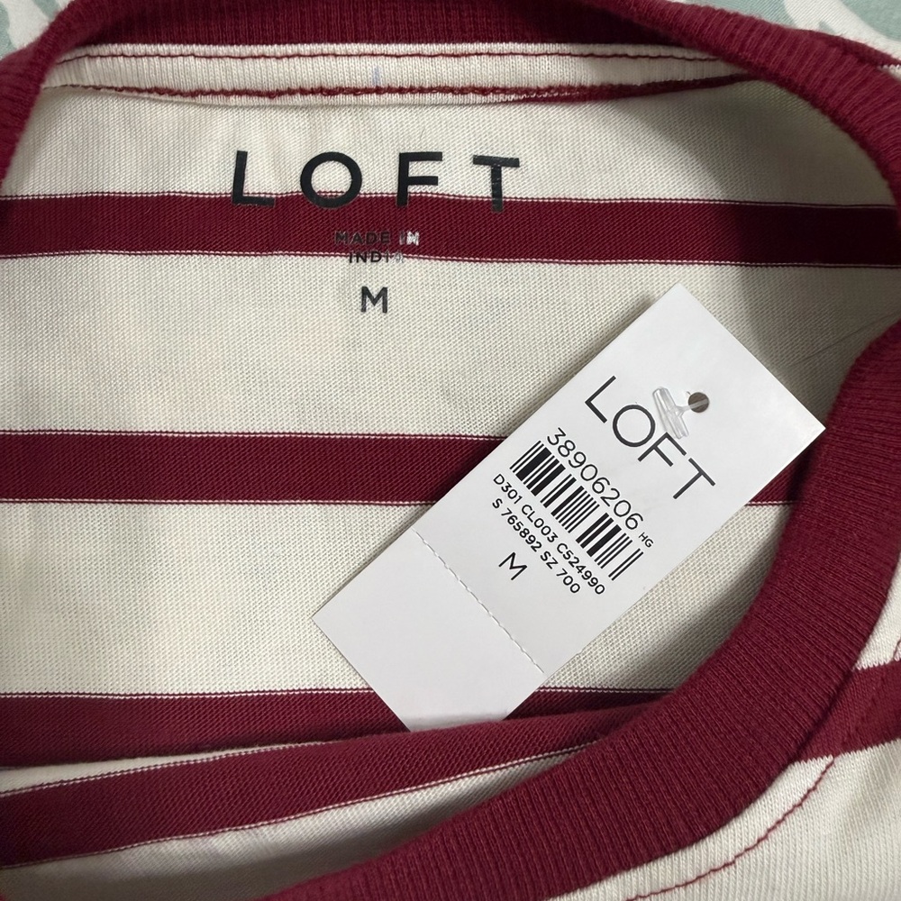LOFT Striped Short Sleeve Modern Tee Cream Burgundy Medium New with Tags